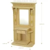 Porte-manteau en bois brut pour maison de poupée avec crochets dorés, miroir, et tiroir, parfait pour peindre ou vernir.