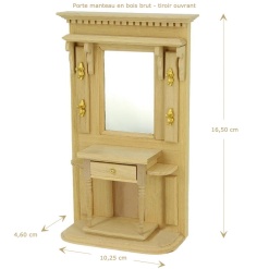 Porte-manteau en bois brut pour maison de poupée avec crochets dorés, miroir, et tiroir, parfait pour peindre ou vernir.