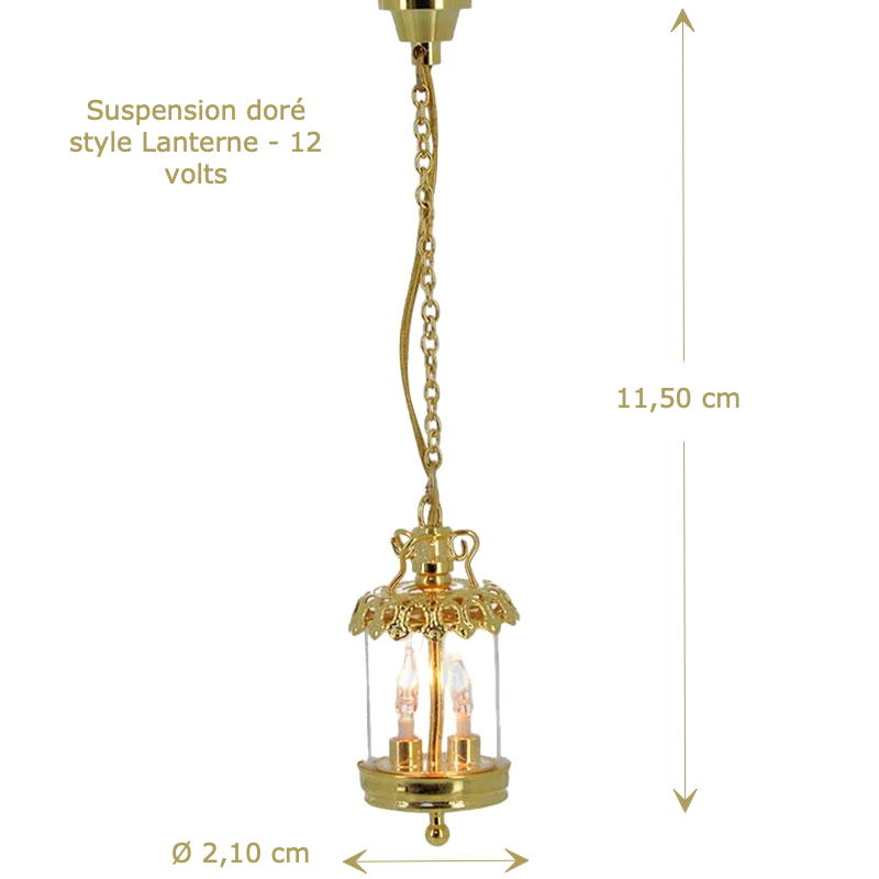 Suspension dorée style lanterne pour maison de poupée, 12 volts, offre un éclairage chaleureux et élégant, idéale pour toute scène miniature.