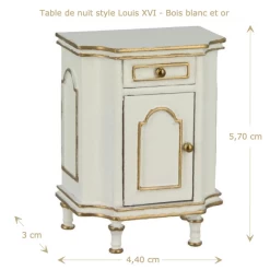 Table de nuit Louis XVI miniature en blanc et or pour maison de poupée, style élégant et raffiné.