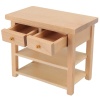 Table de travail en bois vernis brun clair pour maison de poupée avec tiroirs et étagères.
