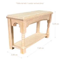 Table de hall en bois brut pour maison de poupée, dimensions : 7,60 cm x 2,50 cm x 5,25 cm