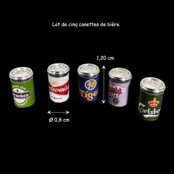 Lot de cinq canettes de bière miniatures pour maison de poupée, échelle 1:12.