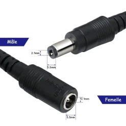 Paire câble jack mâle et femelle noir de longueur 10 cm branchements pour maison de poupée.