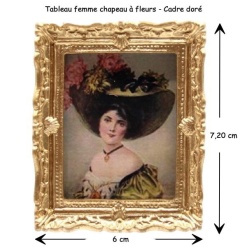 Tableau miniature femme élégante avec chapeau à fleurs, cadre doré.