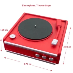 Tourne-disque miniature rouge pour maison de poupée, échelle 1:12. vue de côté avec mesure dans la photo - Hauteur 1,35 cm - Largeur 3,70 cm - Profondeur 3,60 cm