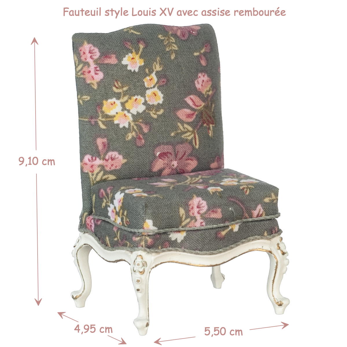 Fauteuil fleuri style Louis XV miniature avec assise rembourrée