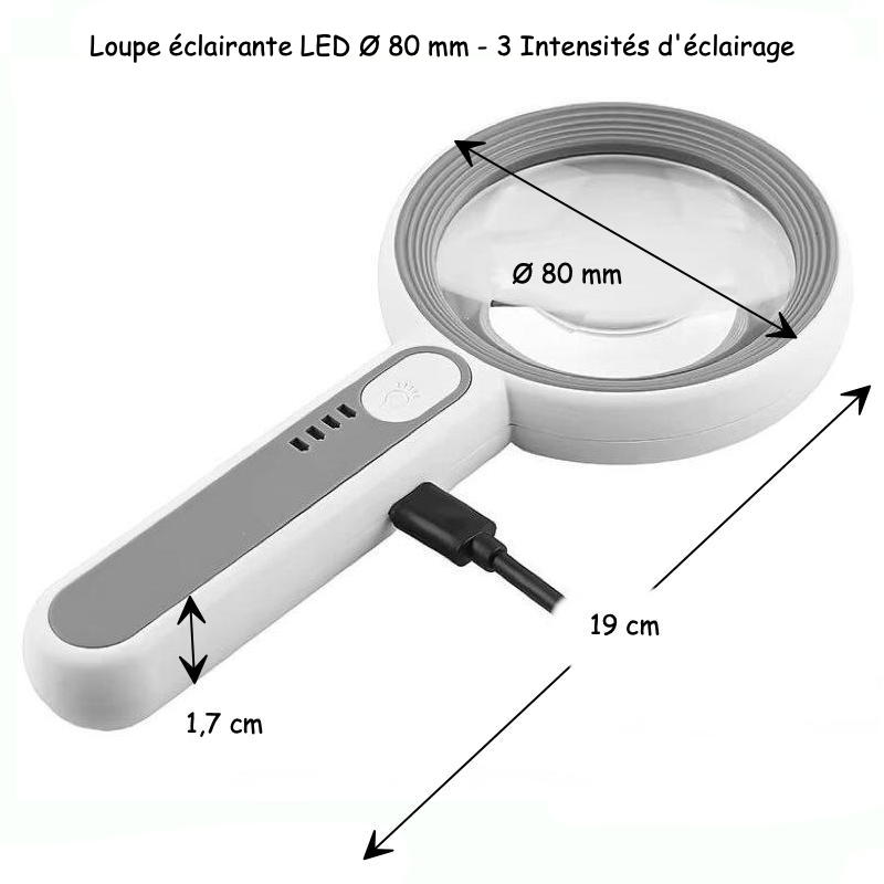 Loupe éclairante LED avec grossissement 5X et 12X, Ø 80 mm, trois intensités d’éclairage. Rechargement par USB ou Secteur 220 volts
