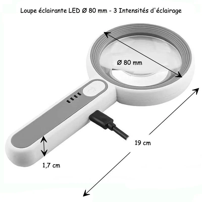 Loupe éclairante LED avec grossissement 5X et 12X, Ø 80 mm, trois intensités d’éclairage. Rechargement par USB ou Secteur 220 volts