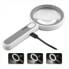 Loupe éclairante LED avec grossissement 5X et 12X, Ø 80 mm, trois intensités d’éclairage. Rechargement par USB ou Secteur 220 volts