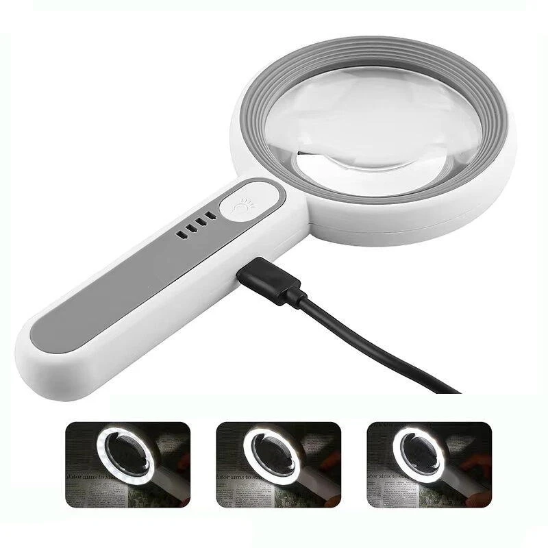 Loupe éclairante LED avec grossissement 5X et 12X, Ø 80 mm, trois intensités d’éclairage. Rechargement par USB ou Secteur 220 volts