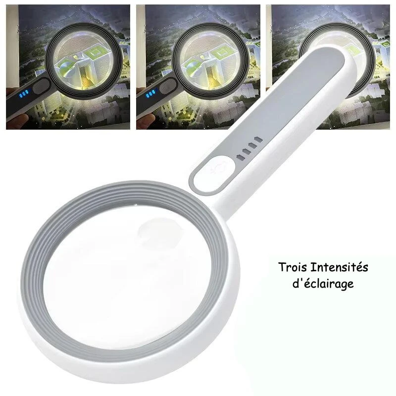 Loupe éclairante LED avec grossissement 5X et 12X, Ø 80 mm, trois intensités d’éclairage. Rechargement par USB ou Secteur 220 volts