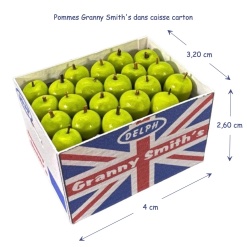 Pommes Granny Smith's miniatures dans une caissette en carton avec le drapeau britannique, pour maisons de poupées.