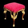 Tabouret style Empire, bois noyer, tissu damassé rouge, décor or.