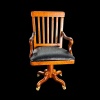 Chaise de bureau en bois de noyer avec roulettes et assise en cuir noir, miniature pour maison de poupée.