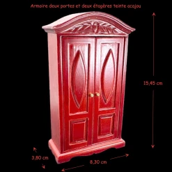 Armoire lingère chapeau de gendarme en bois teinte acajou pour maison de poupées. Avec dimensions