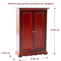 Armoire miniature teintée merisier à deux portes ouvrantes sur étagères. Avec dimensions