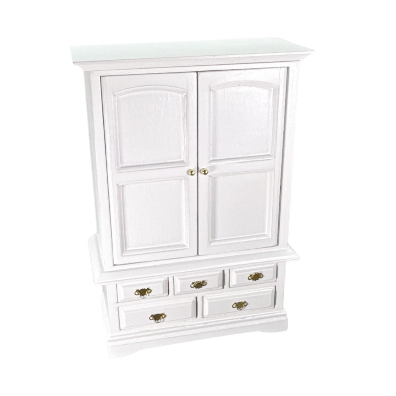 Armoire blanche miniature avec tiroirs et étagères vue de coté