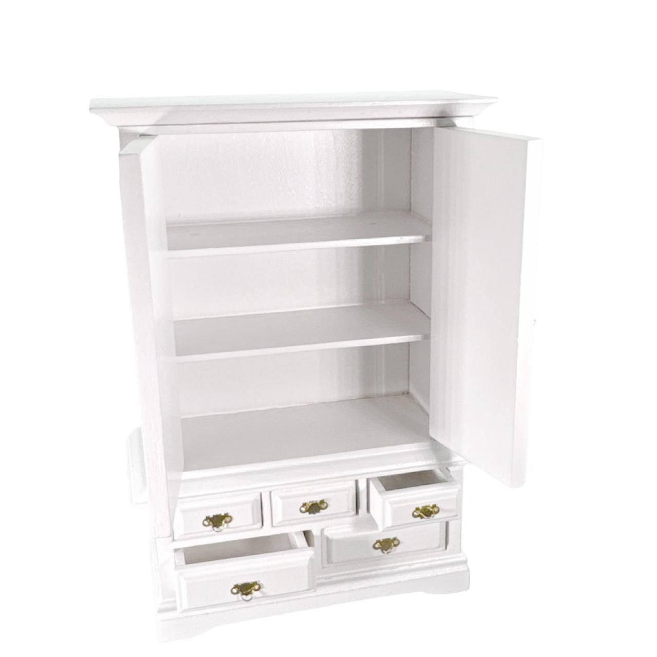 Armoire blanche miniature avec tiroirs et étagères portes ouvertes