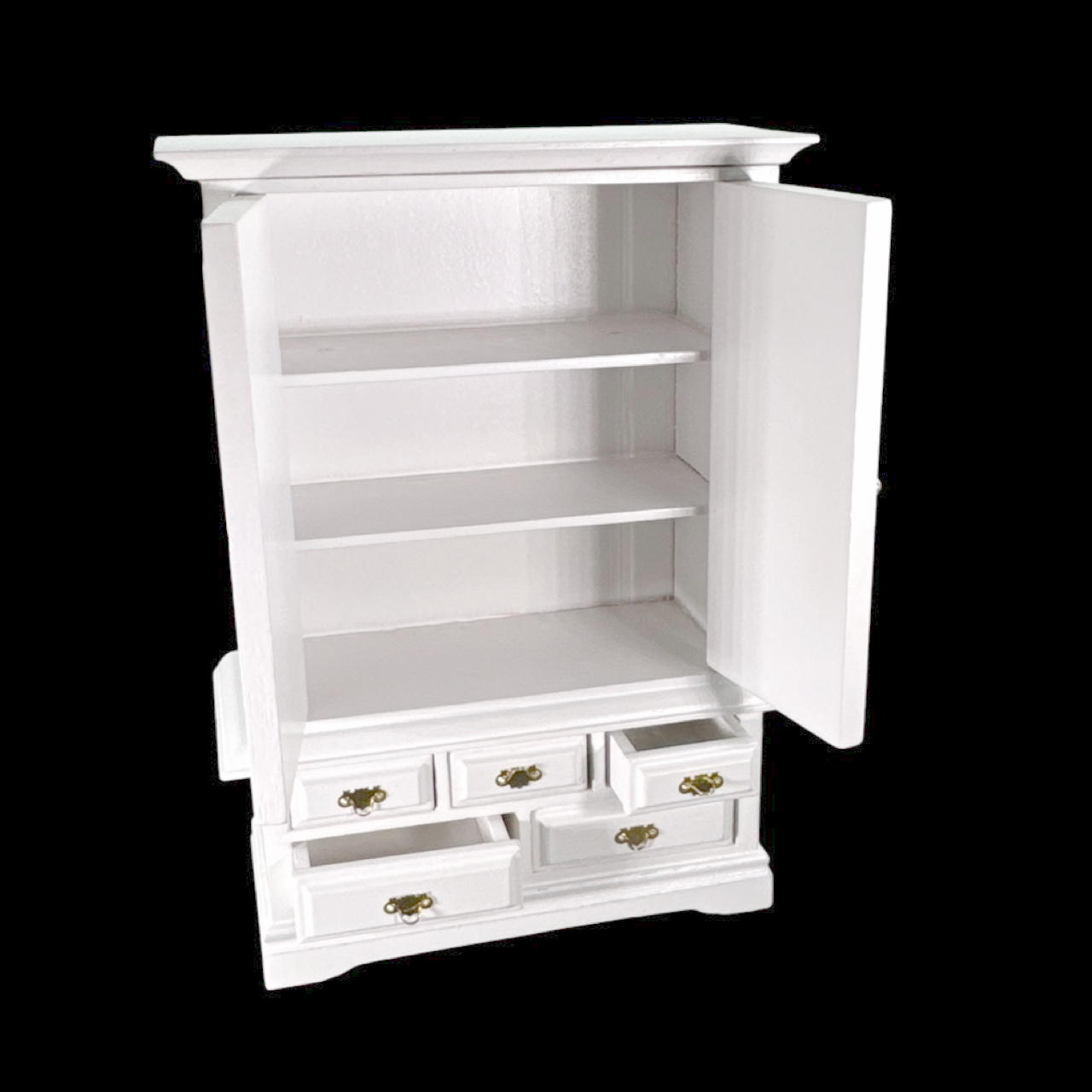 Armoire blanche miniature avec tiroirs et étagères portes ouvertes