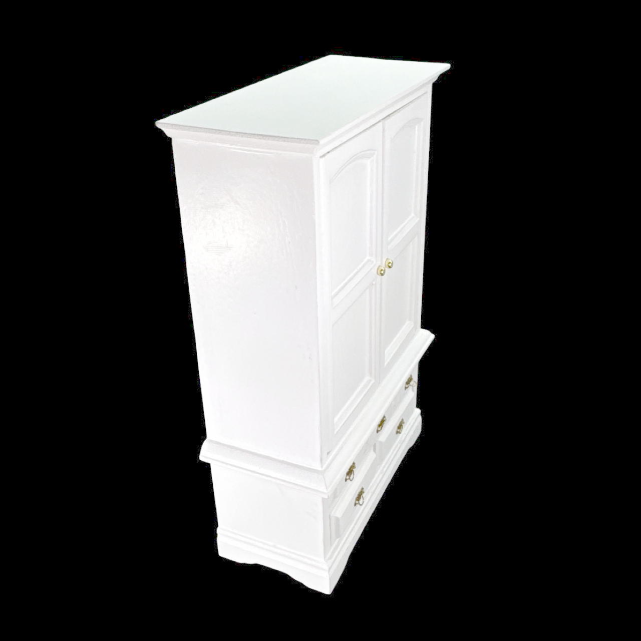 Armoire blanche miniature avec tiroirs et étagères vue de côté