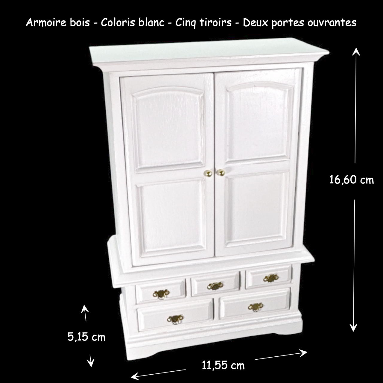 Armoire blanche miniature avec tiroirs et étagères vue de face avec dimensions