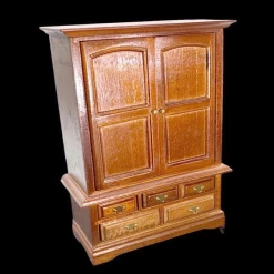 Armoire chêne miniature pour maison de poupée avec tiroirs et étagères. Vue principale