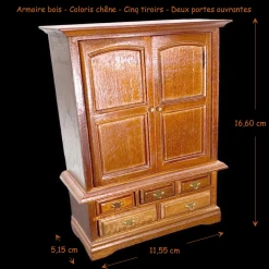 Armoire chêne miniature pour maison de poupée avec tiroirs et étagères. Avec dimensions