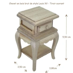 Chevet bois brut Louis XV, un tiroir ouvrant. Vue principale avec dimensions