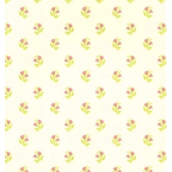 Papier mural fleuri miniature avec fleurs violettes et fond crème, idéal pour maisons de poupée.