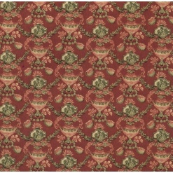 Papier peint miniature jardinière fond bordeaux avec motifs floraux verts et rosés.