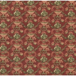 Papier peint miniature jardinière fond bordeaux avec motifs floraux verts et rosés.