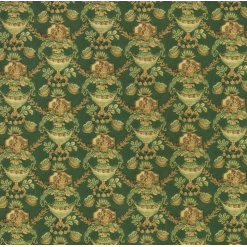 Revêtement mural fleuri miniature fond vert foncé avec jardinières et motifs dorés.