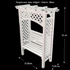 Pergola banc intégré en bois peint, coloris blanc miniature pour maison de poupée. Avec dimensions