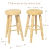 Paire de tabourets de bar miniatures en bois brut pieds tournés avec dimensions dans l'image