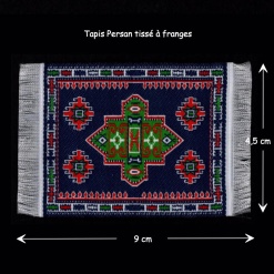 Tapis à franges bleu nuit miniature avec motifs géométriques persans. Avec dimensions