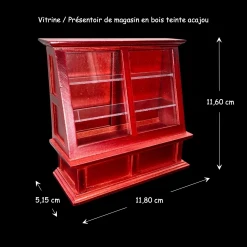 Présentoir de commerce en bois teinte acajou - deux portes arrière coulissantes. Avec mesures
