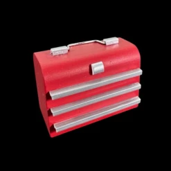 Caisse à outils rouge miniature avec tiroirs non fonctionnels pour maison de poupée échelle 1:12. Vue principale