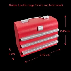 Caisse à outils rouge miniature avec tiroirs non fonctionnels pour maison de poupée échelle 1:12. avec dimensions