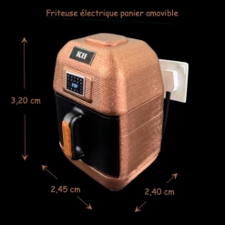 Friteuse électrique miniature cuivrée avec panier amovible pour maison de poupée échelle 1:12. Avec dimensions