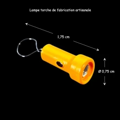 Lampe torche miniature orange artisanale avec cordon de suspension. Avec dimensions