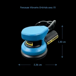 Ponceuse vibrante orbitale miniature bleue avec fil pour maison de poupée échelle 1:12. Vue principale Avec dimensions