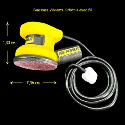 Ponceuse vibrante orbitale miniature jaune avec fil pour maison de poupée échelle 1:12.Vue principale avec dimensions