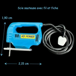 Scie sauteuse miniature bleue avec fil pour maison de poupée échelle 1:12. Avec dimensions