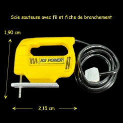 Scie sauteuse miniature jaune avec fil pour maison de poupée échelle 1:12. Vue principale avec dimensions