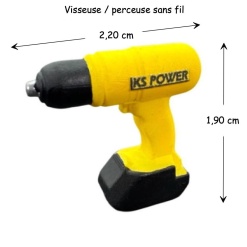 Visseuse perceuse jaune sans fil miniature pour maisons de poupées à l’échelle 1:12. Avec dimensions