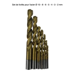 Set de 7 forêts acier haute résistance, idéal pour perçage du métal et travaux minutieux. Ø 10 à 2 mm, livré en coffret rigide pour un rangement optimal. vue principale sur fond blanc avec dimensions