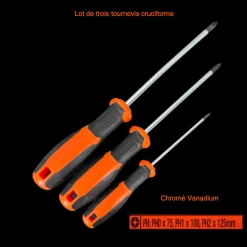 Tournevis cruciforme miniature, idéal pour montage maison de poupée. Lot de 3 outils en acier Chromé Vanadium, ergonomiques et précis. Avec informations
