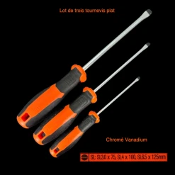Tournevis plats pour maison de poupée miniature. Lot de 3 en acier Chromé Vanadium, idéal pour bricolage précis et modélisme.Avec informations