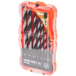 Set de mèches à bois pour perceuse, idéal pour la fabrication de mobilier miniature et maisons de poupées. Ø 10 à 3 mm, livré en coffret rigide.Coffret sur fond blanc